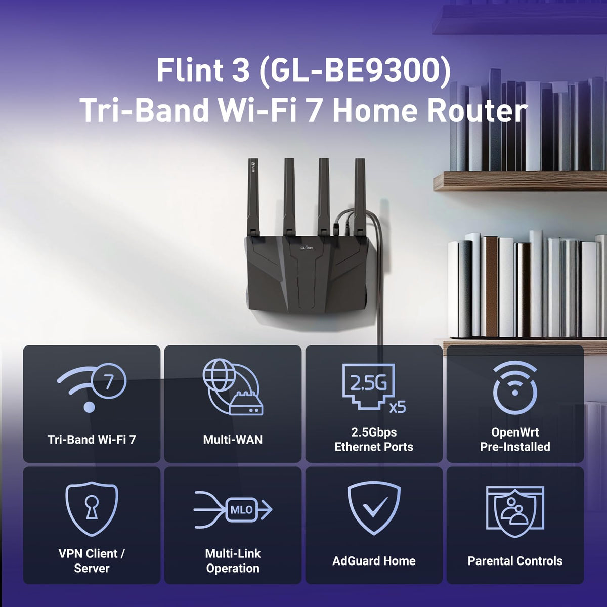GL.iNet GL-BE9300 Flint 3 Tri-Band Wi-Fi 7 Router 9 GBit/s VPN 5x2,5G