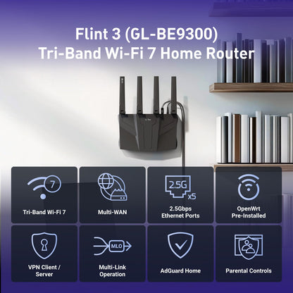 GL.iNet GL-BE9300 Flint 3 Tri-Band Wi-Fi 7 Router 9 GBit/s VPN 5x2,5G