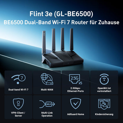 GL.iNet GL-BE6500 Flint 3e Wi-Fi 7 Router VPN 6,5 GBit/s WireGuard Gaming